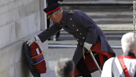 Prince Charles lays the Sovereign's wreath at the Cenotaph.