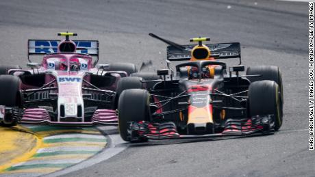 Force India driver Estaban Ocon crashes into Red Bull's Max Verstappen during the race.