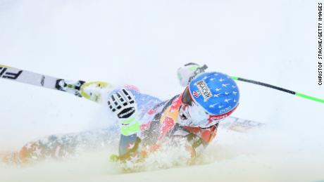 American downhiller Steve Nyman heads towards the 'red room' at Kitzbuehel.