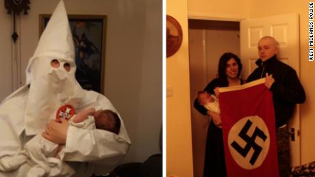 Adam Thomas in KKK robes holding his son (right), and Claudia Patatas and Thomas with their son holding a Nazi flag.