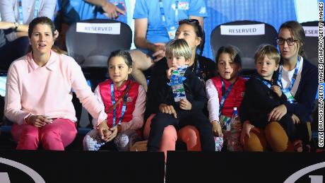 MELBOURNE, AUSTRALIA - JANUARY 13:  Mirka Federer wife of Roger Federer watches her husband take part in the annual Kids Tennis Day also watched by his four children Myla Rose Federer,Charlene Riva Federer,Lenny Federer and Leo Federer during Tennis Australia&#39;s Kids Day  ahead of the 2018 Australian Open at Melbourne Park on January 13, 2018 in Melbourne, Australia.  (Photo by Clive Brunskill/Getty Images)