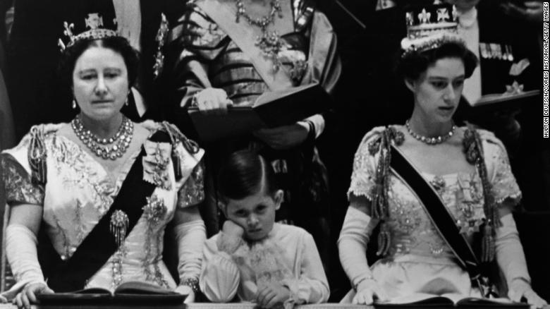 Charles attends his mother&#39;s coronation in 1953 with his grandmother, left, and his aunt Margaret.