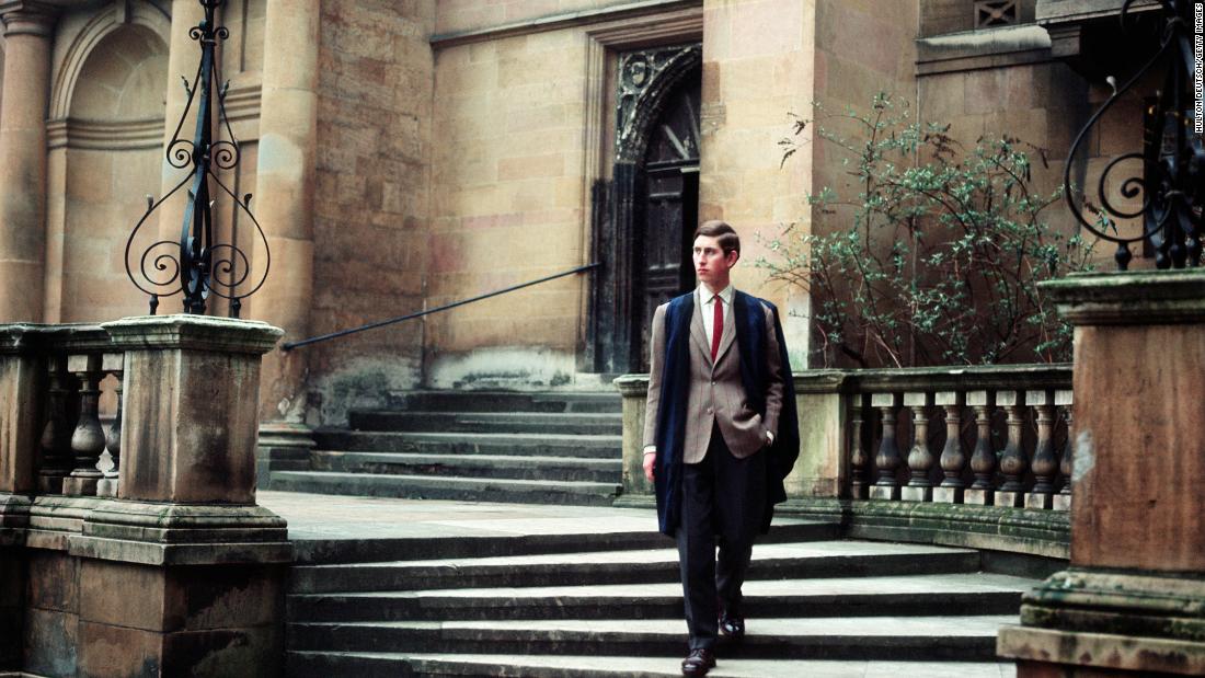 Charles walks at Trinity College, Cambridge, where he earned a bachelor&#39;s degree in 1970. He was the first royal heir to earn a university degree.