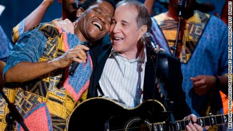 Simon with the South African musician Joseph Shabalala, founder of the group Ladysmith Black Mambazo, with whom Simon collaborated on "Graceland."