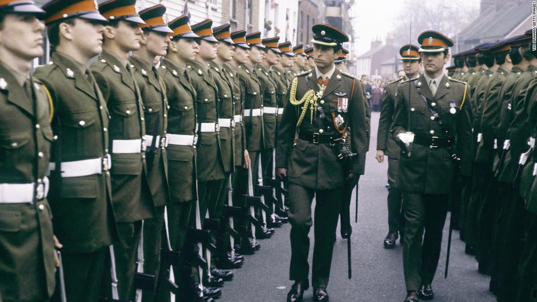 Charles, as colonel-in-chief, visits the Cheshire Regiment in Canterbury, England, in November 1978. He served in the Royal Navy from 1971 to 1976, and in 2012 his mother appointed him honorary five-star ranks in the navy, army and air force.