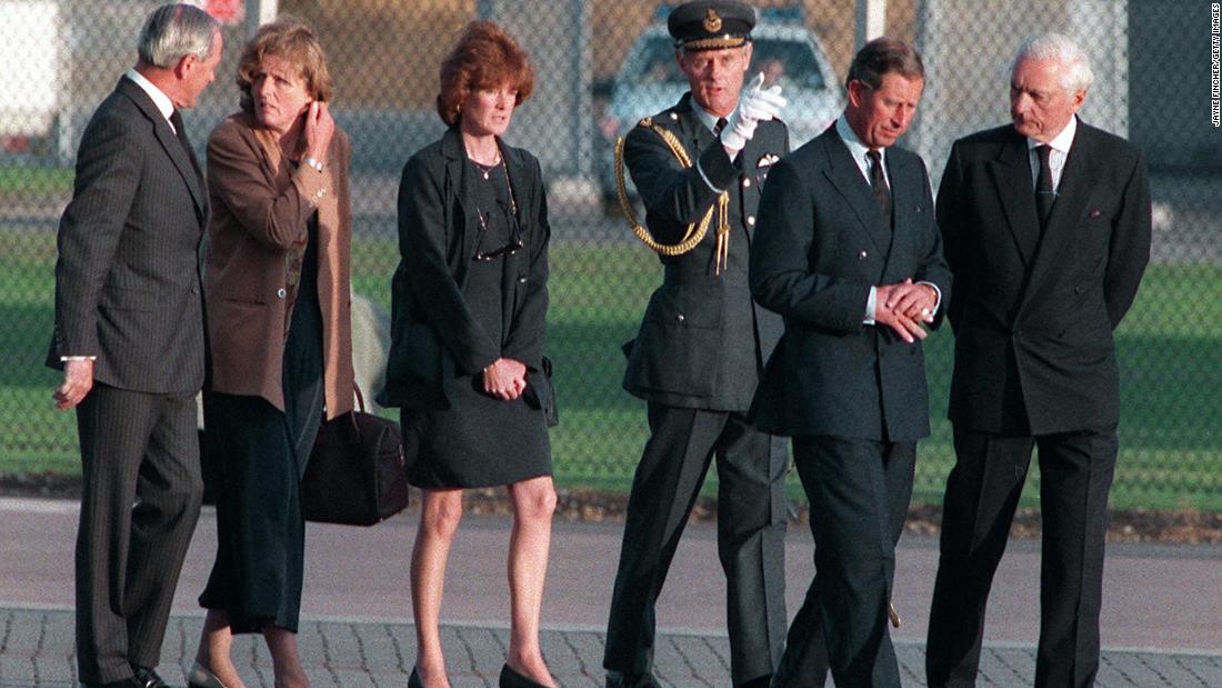 Charles, second from right, and Princess Diana&#39;s two sisters meet in Paris after Diana was killed in a car crash there in August 1997. She was 36 years old.