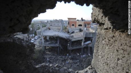 A residential building destroyed in an Israeli air strike in Khan Yunis in the southern Gaza Strip.