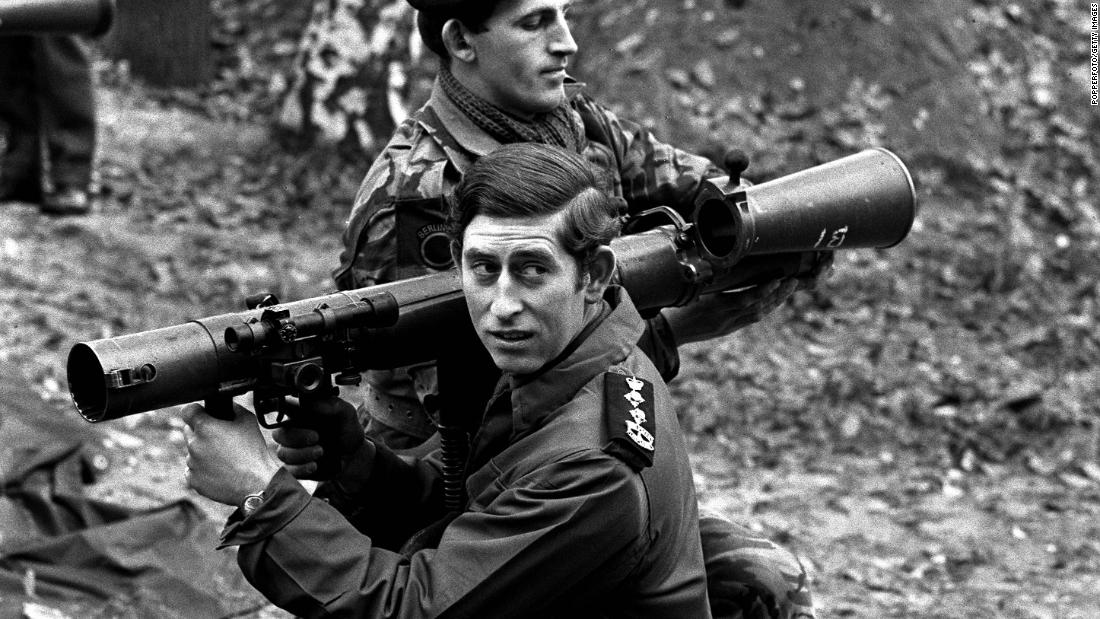 Charles prepares to fire a bazooka while visiting military barracks in West Berlin in October 1972.