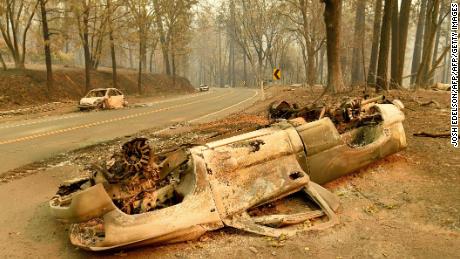 Burned cars in Paradise, California November 12.