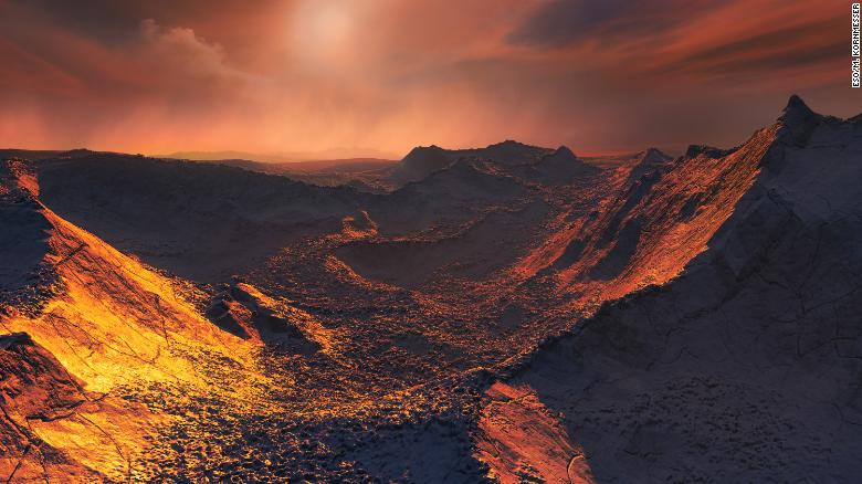 This image shows an artist&#39;s impression of the surface of Barnard&#39;s star b, a cold Super-Earth discovered orbiting Barnard&#39;s star 6 light-years away.