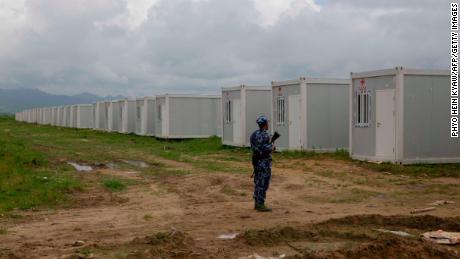 Myanmar border police secure a newly set up Hla Phoe Khaung transit camp intended for the repatriation of Rohingya refugees from Bangladesh.