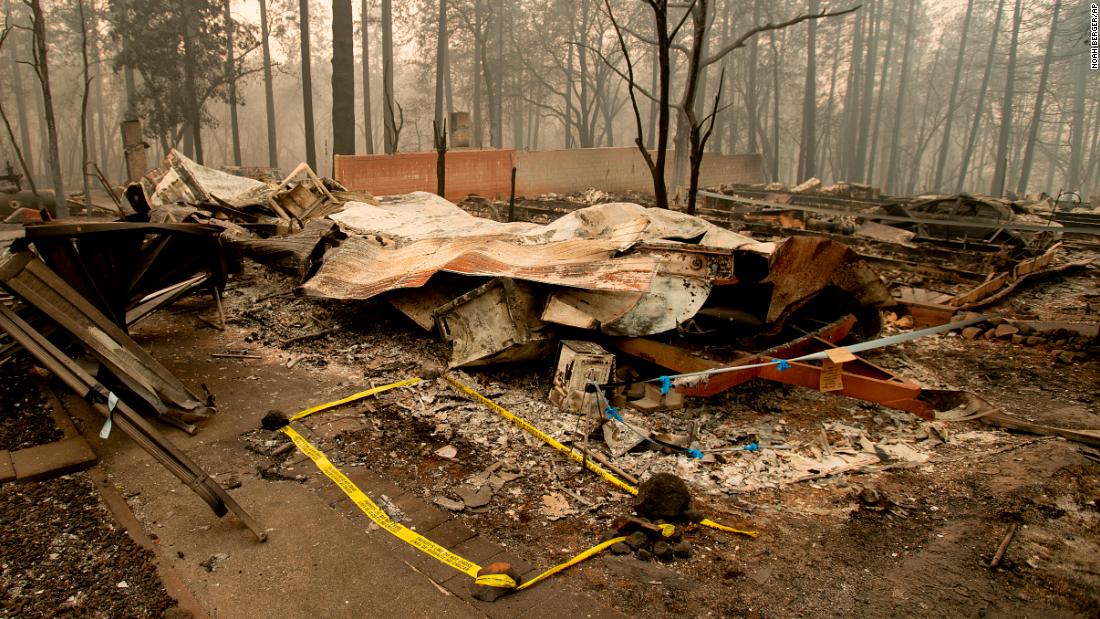 Tape outlines the location where sheriff&#39;s deputies on November 14 recovered the body of a Camp Fire victim.