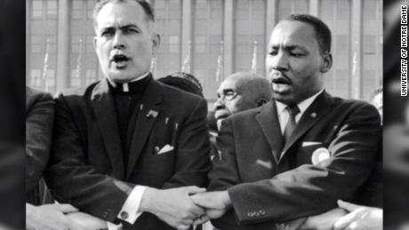 The Rev. Theodore Hesburgh with the Rev. Martin Luther King Jr. in 1964. 