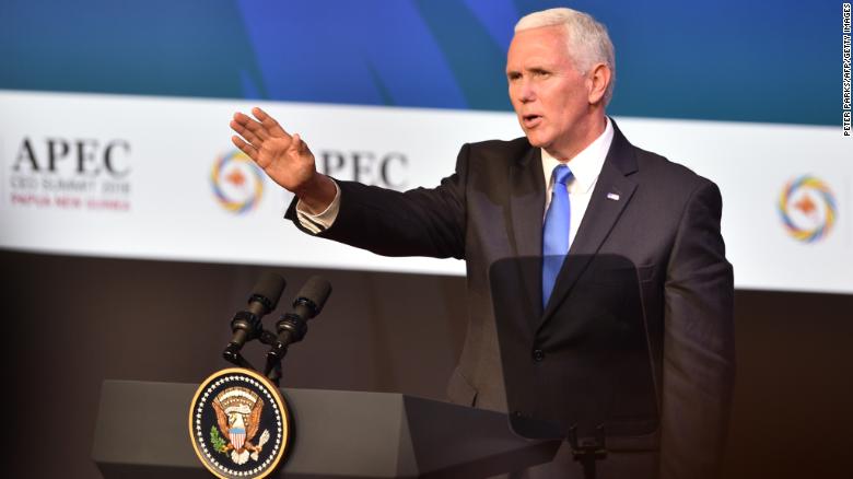 US Vice President Mike Pence waves after delivering his keynote speech for the CEO Summit of the Asia-Pacific Economic Cooperation (APEC) summit in Port Moresby on November 17, 2018. 
