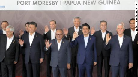 Leaders of 21 Asia-Pacific Economic Cooperation forum economies pose for photos before their meeting in Port Moresby, Papua New Guinea, on Nov. 18, 2018. (Pool photo) (Kyodo)
==Kyodo
(Photo by Kyodo News via Getty Images)