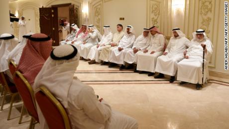 Salah Khashoggi (third from the right) and his relatives receive mourners at an events hall in the Saudi coastal city of Jeddah on November 16, 2018. 