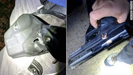 Images show how an officer's holster and gun stopped a bullet during Monday's hospital shooting.