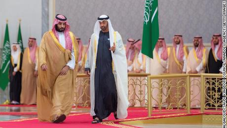  Crown Prince and Defense Minister of Saudi Arabia Mohammad bin Salman al-Saud is welcomed by Crown Prince of Abu Dhabi Mohammed bin Zayed Al Nahyan with an official ceremony in Abu Dhabi, United Arab Emirates on November 22, 2018. 