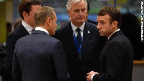 France&#39;s President Emmanuel Macron talks with EU chief Brexit negotiator Michel Barnier, Austria&#39;s Chancellor Sebastian Kurtz and European Council President Donald Tusk before the summit.