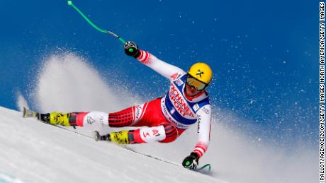 Max Franz of Austria on his way to first place in the World Cup men's downhill at Lake Louise in Canada.