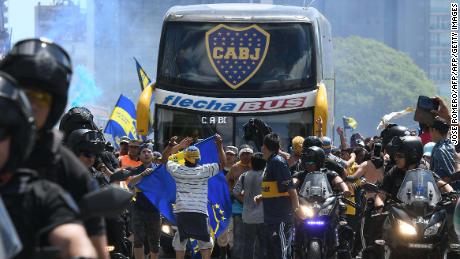 The Boca Juniors team bus leaves the hotel on the way to the Monumental stadium in Buenos Aires on November 24 to play the second leg match before it was attacked by River Plate fans. 