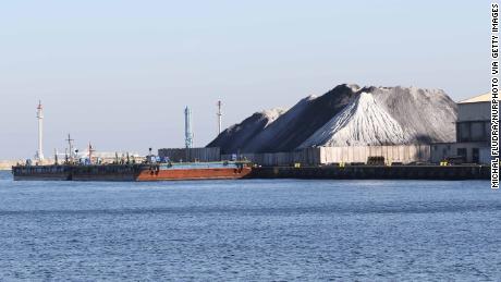 Waste coal piles in Gdynia, Poland, October 2018. Waste coal is sometimes used in domestic stoves to heat Polish homes, contributing to smog.