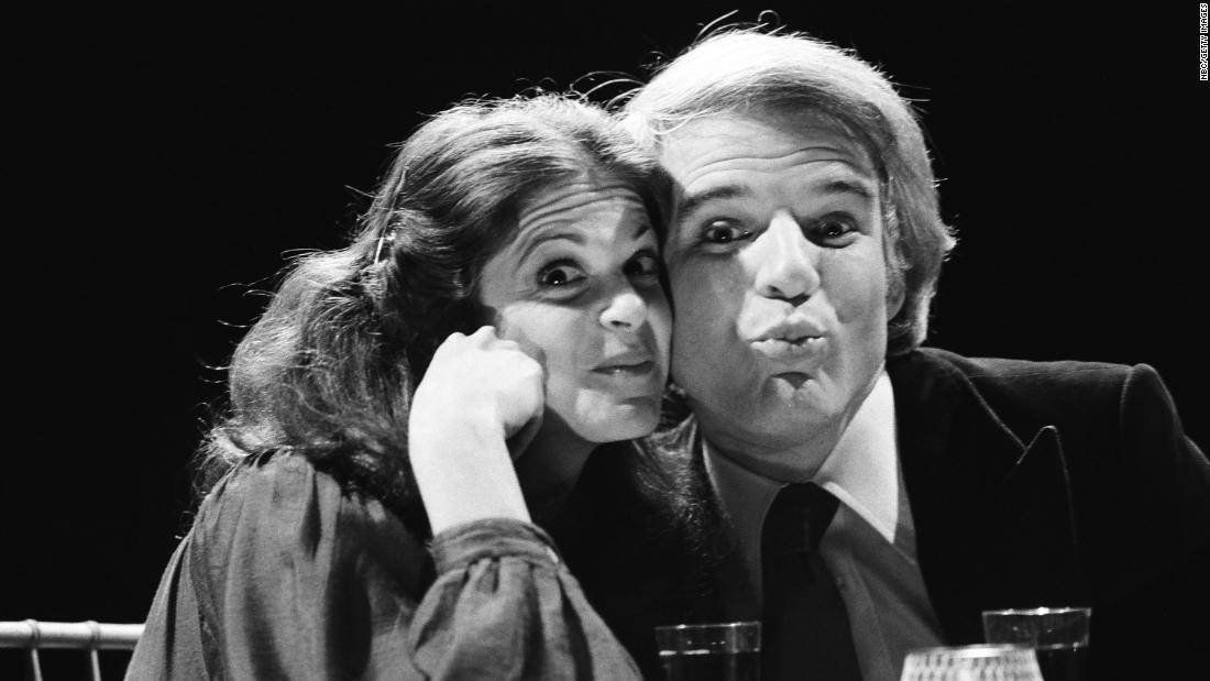 Radner and Steve Martin posing during the &quot;Lovers&quot; sketch in 1977.