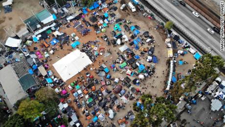 An aerial view of the temporary shelter set up for migrants in Tijuana.