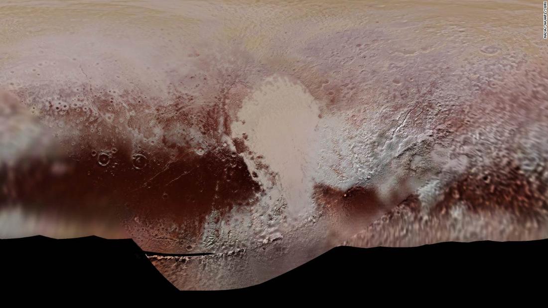 A detailed color map of Pluto taken during the NASA spacecraft&#39;s close flyby of Pluto in July 2015. The mosaic shows how Pluto&#39;s large-scale color patterns extend beyond the hemisphere facing New Horizons at closest approach, which were imaged at the highest resolution. North is up; Pluto&#39;s equator roughly bisects the band of dark red terrains running across the lower third of the map. Pluto&#39;s giant, informally named Sputnik Planitia glacier -- the left half of Pluto&#39;s signature &quot;heart&quot; feature -- is at the center of this map.