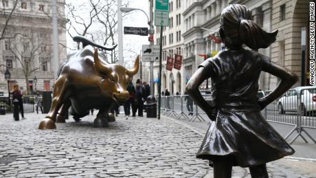 "Fearless Girl" faces "Charging Bull." 