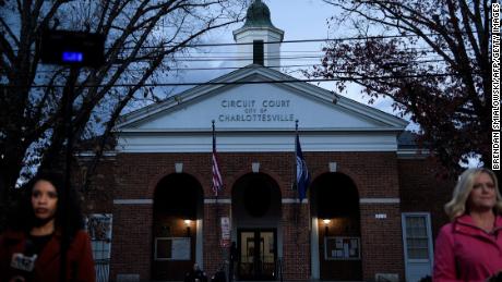 Reporters wait Monday for live shots during the first day of jury selection in James Fields Jr.'s murder trial at the Charlottesville Circuit Court, in Charlottesville, Virginia. 