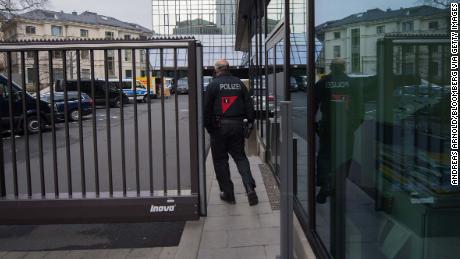 A police officer outside the headquarters of Deutsche Bank in Frankfurt, Germany, on Thursday.