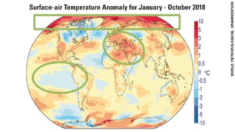 Global average temperature anomalies for 2018. Notable climate features that are evident in the image include persistent heat over Europe and Northern Africa, a weak La Niña in the Pacific and continued warmth over the Arctic.