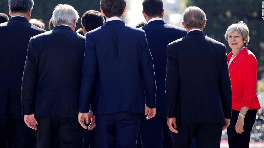 May arrives for a family photo during a European Union summit in Salzburg, Austria, in September 2018.