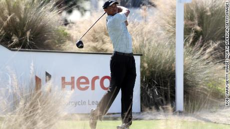 Woods plays off the third hole at the Hero World Challenge.