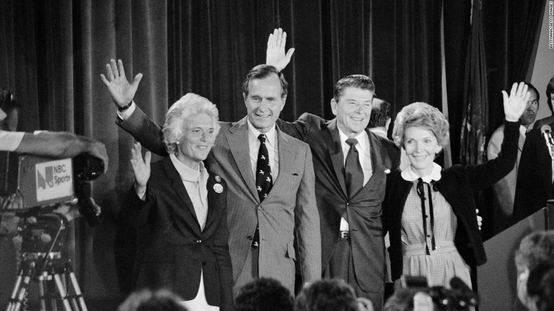 The Bushes stand with Republican presidential nominee Ronald Reagan and his wife, Nancy, in 1980. Bush lost to Reagan in the primaries but became his running mate.