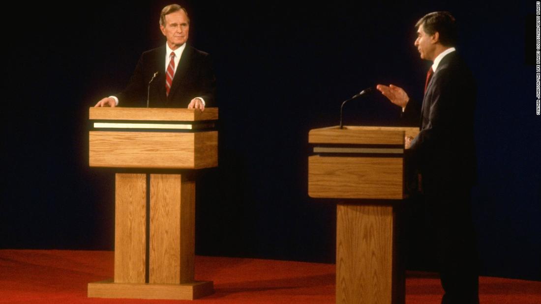 Bush debates Democratic presidential candidate Michael Dukakis in 1988.