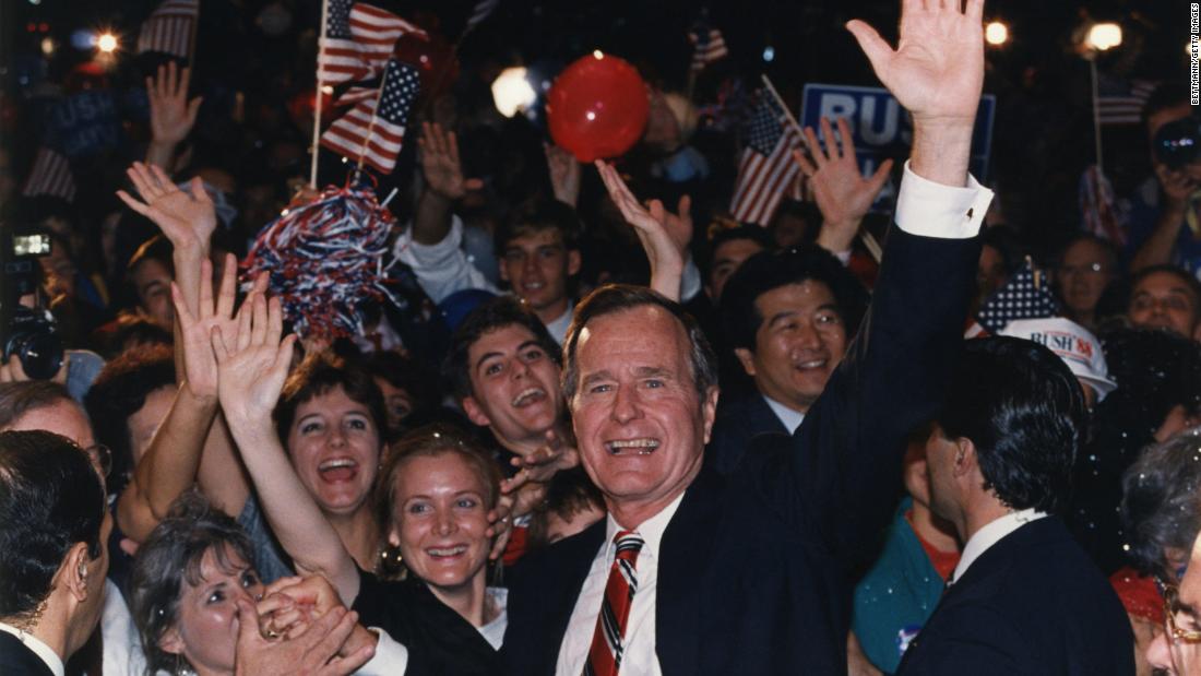 Bush joins supporters in Houston after learning he had defeated Dukakis in the presidential election.