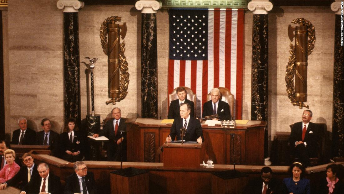 President Bush delivers his first State of the Union address to a joint session of Congress on January 31, 1990. 