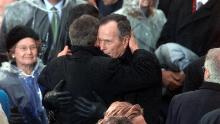 Bush's eldest son, George Walker Bush, was elected President in 2000. They became the second father-son duo in history to hold the office (the first being John Adams and John Quincy Adams). The two Georges hug here moments after the youngest was sworn in on January 20, 2001.