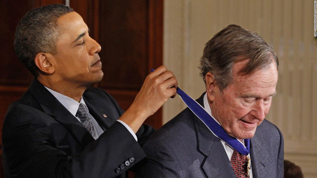 President Barack Obama presents Bush with the Medal of Freedom in February 2011. &quot;His life is a testament that public service is a noble calling. ... His humility and his decency reflects the very best of the American spirit,&quot; Obama said.