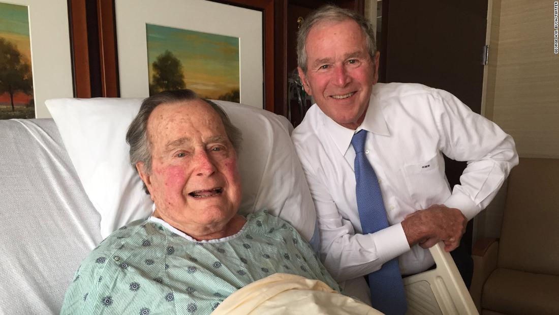 Bush was admitted to a hospital in April 2017 for an acute respiratory problem stemming from pneumonia. This photo of him and his son George was posted to Twitter. &quot;Big morale boost from a high level delegation. No father has ever been more blessed, or prouder,&quot; the elder Bush wrote about the photo.