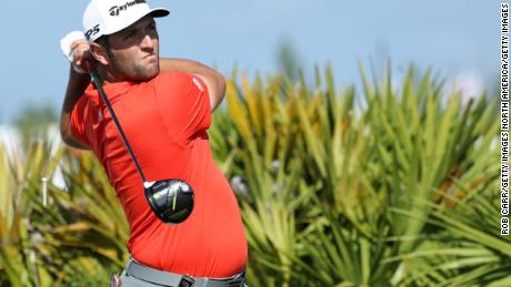 Jon Rahm of Spain tees off on the fourth hole during the final round of the Hero World Challenge at Albany, Bahamas.