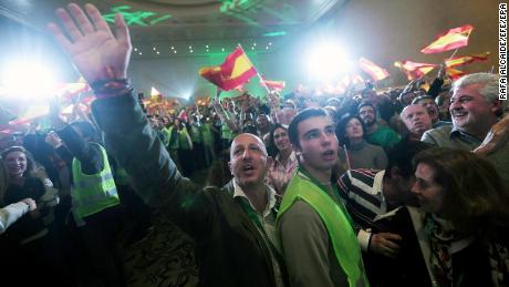 Vox supporters celebrate election results in Andalucia.