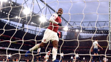  Alexandre Lacazette of Arsenal celebrates during the Premier League match with Tottenham Hotspur at Emirates Stadium.