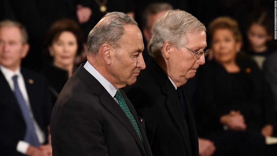 Senate Majority Leader Mitch McConnell, right, stands with Senate Minority Leader Chuck Schumer.