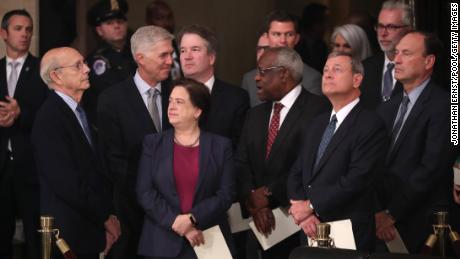 Justices of the U.S. Supreme Court including (left to right) Justices Stephen Breyer, Neil Gorsuch, Elena Kagan, Brett Kavanaugh, Clarence Thomas, Chief Justice John Roberts and Justice Samuel Alito await the arrival of the casket of former President George H.W. Bush inside at the U.S Capitol Rotunda. (Photo by Jonathan Ernst - Pool/Getty Images)