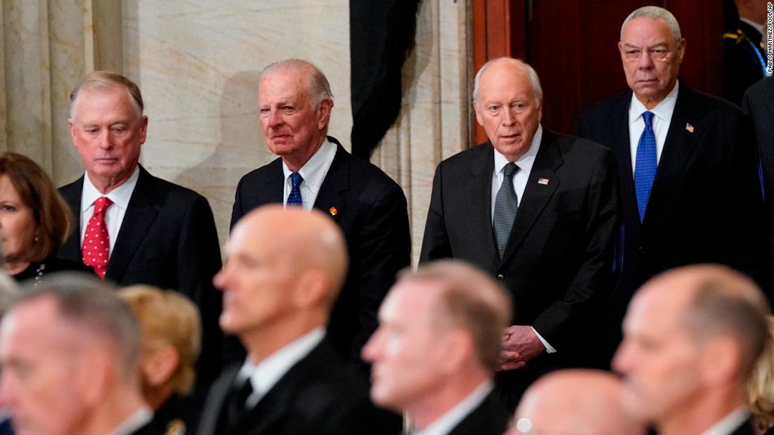 From left, former Vice President Dan Quayle, former Secretary of State James Baker, former Vice President Dick Cheney and former Secretary of State Colin Powell attend the memorial ceremony on December 3. Quayle and Baker held those positions while Bush was in office. Cheney was defense secretary under Bush, while Powell was chairman of the Joint Chiefs of Staff.
