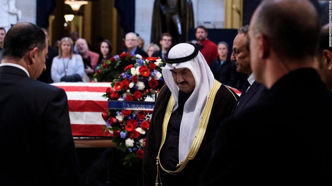 Former Kuwaiti Prime Minister Nasser Mohammed Ahmad Al-Jaber Al-Sabah leaves after paying his respects. Bush was President when Kuwait was liberated during the Gulf War.