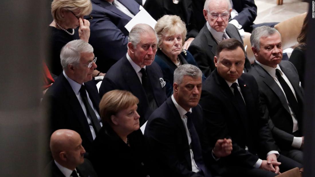 Other foreign dignitaries attending the funeral included Britain&#39;s Prince Charles (middle row, second from left) and German Chancellor Angela Merkel (front row, second from left).